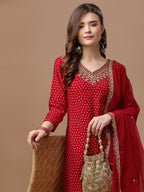 Embroidered & Bandhani Printed Kurta With Pant & Embroidered Dupatta Premium, Multicolor - Hiral Fashion | Grocsy