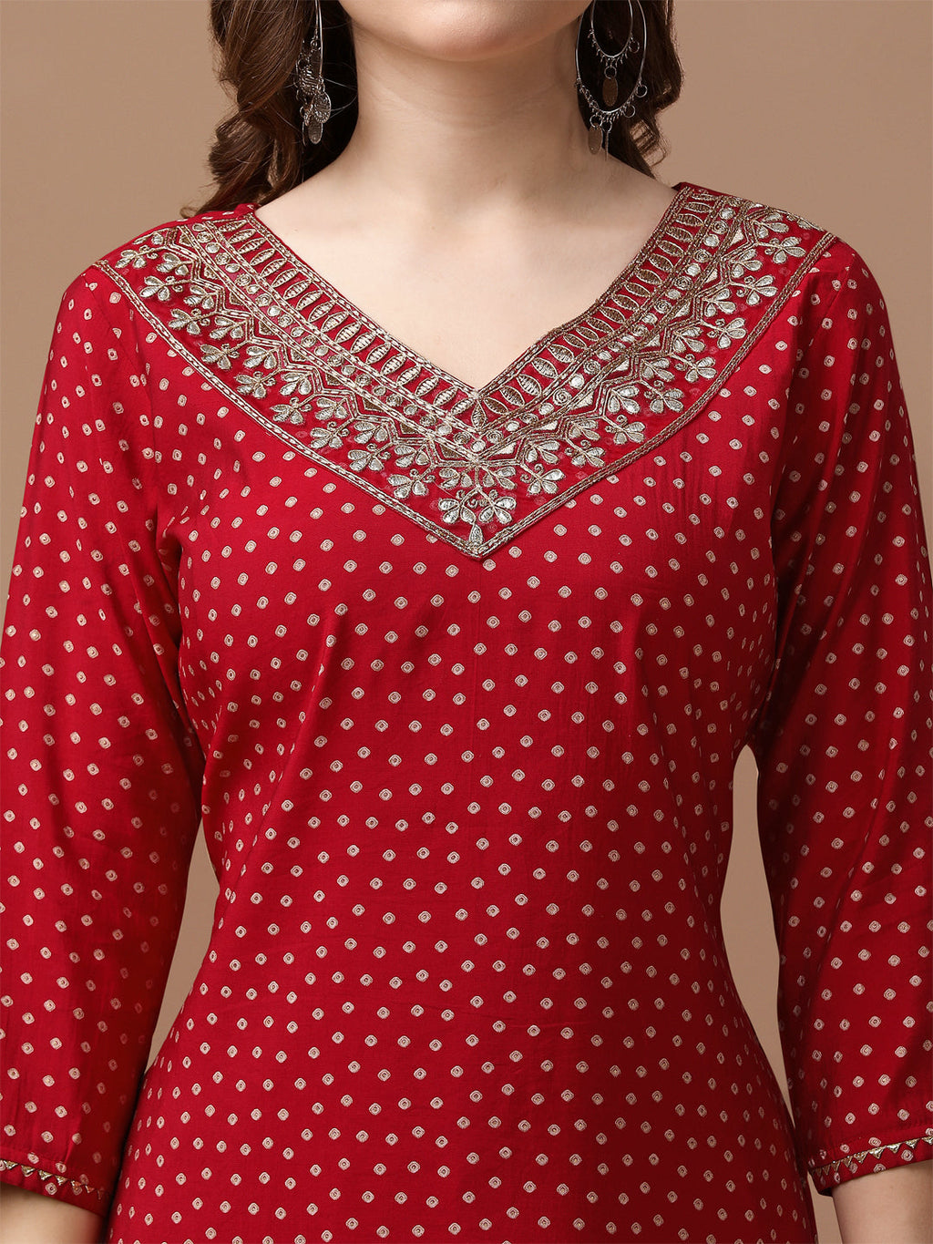 Embroidered & Bandhani Printed Kurta With Pant & Embroidered Dupatta Premium, Multicolor - Hiral Fashion | Grocsy