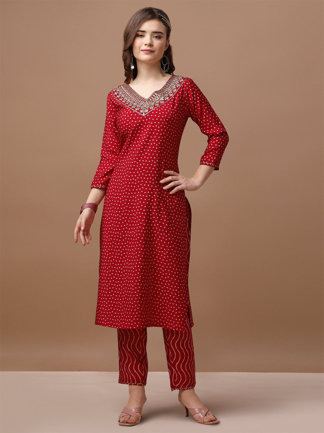 Embroidered & Bandhani Printed Kurta With Pant & Embroidered Dupatta Premium, Multicolor - Hiral Fashion | Grocsy