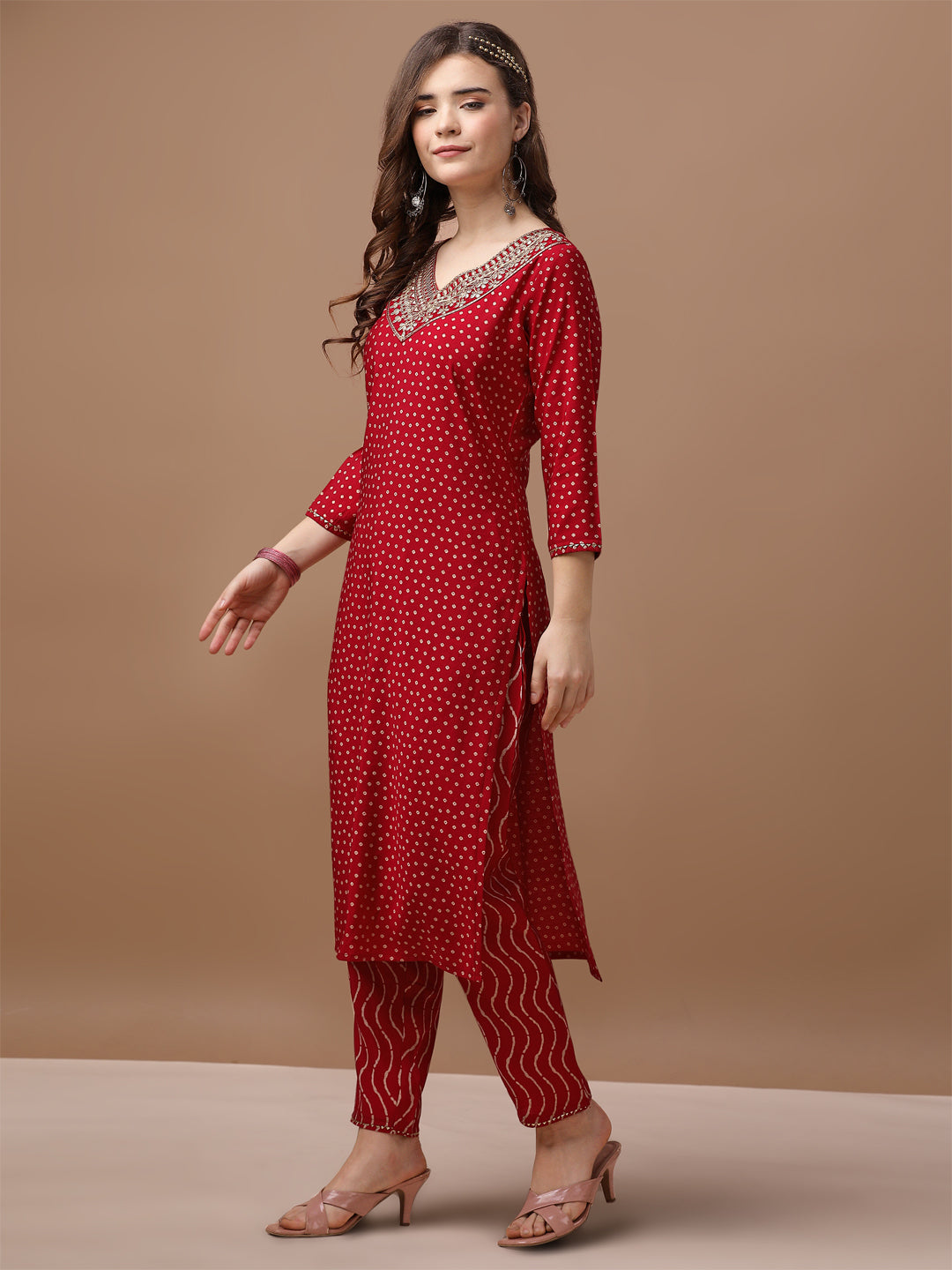 Embroidered & Bandhani Printed Kurta With Pant & Embroidered Dupatta Premium, Multicolor - Hiral Fashion | Grocsy