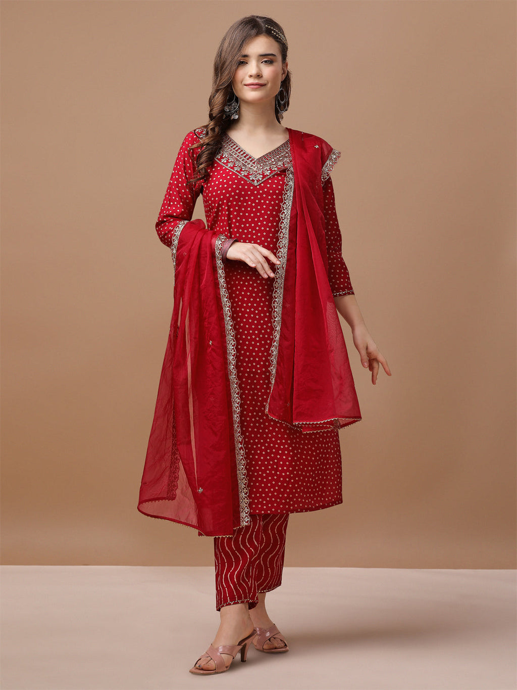 Embroidered & Bandhani Printed Kurta With Pant & Embroidered Dupatta Premium, Multicolor - Hiral Fashion | Grocsy