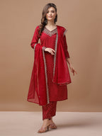 Embroidered & Bandhani Printed Kurta With Pant & Embroidered Dupatta Premium, Multicolor - Hiral Fashion | Grocsy