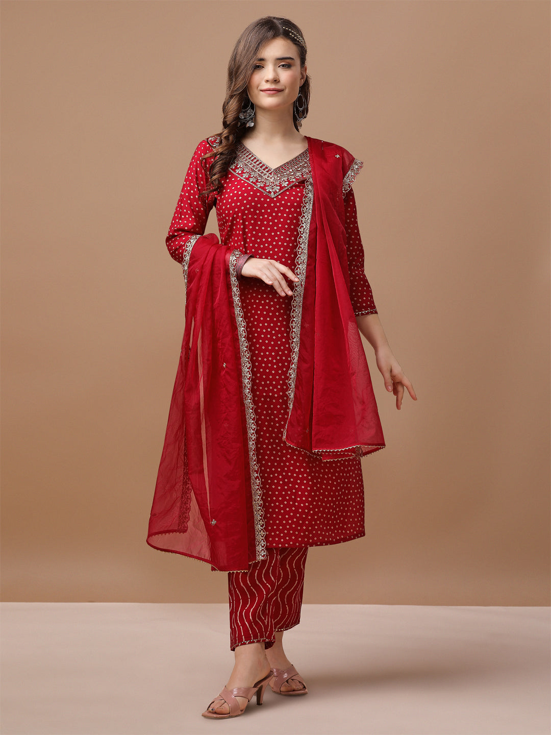 Embroidered & Bandhani Printed Kurta With Pant & Embroidered Dupatta Premium, Multicolor - Hiral Fashion | Grocsy