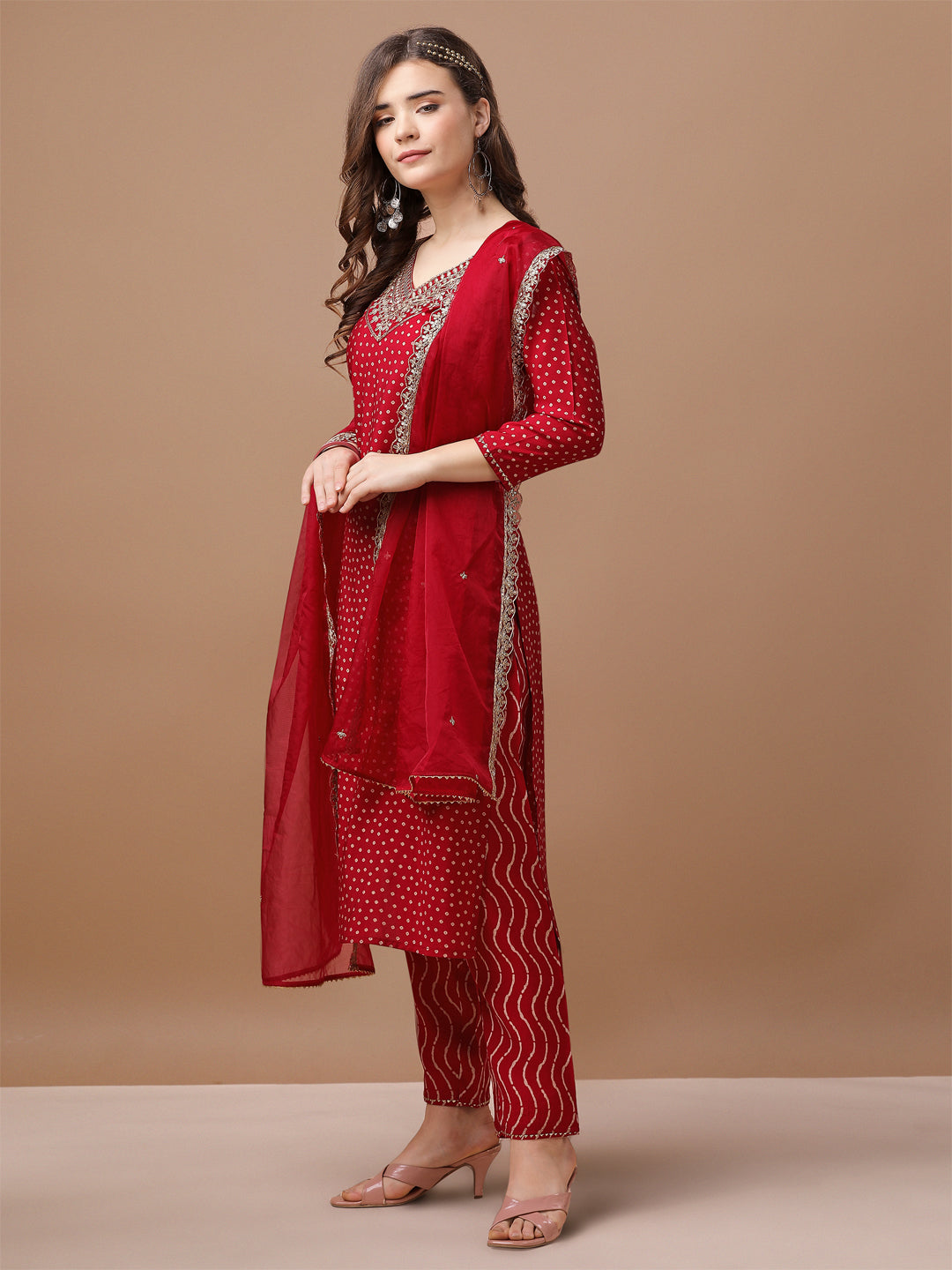 Embroidered & Bandhani Printed Kurta With Pant & Embroidered Dupatta Premium, Multicolor - Hiral Fashion | Grocsy