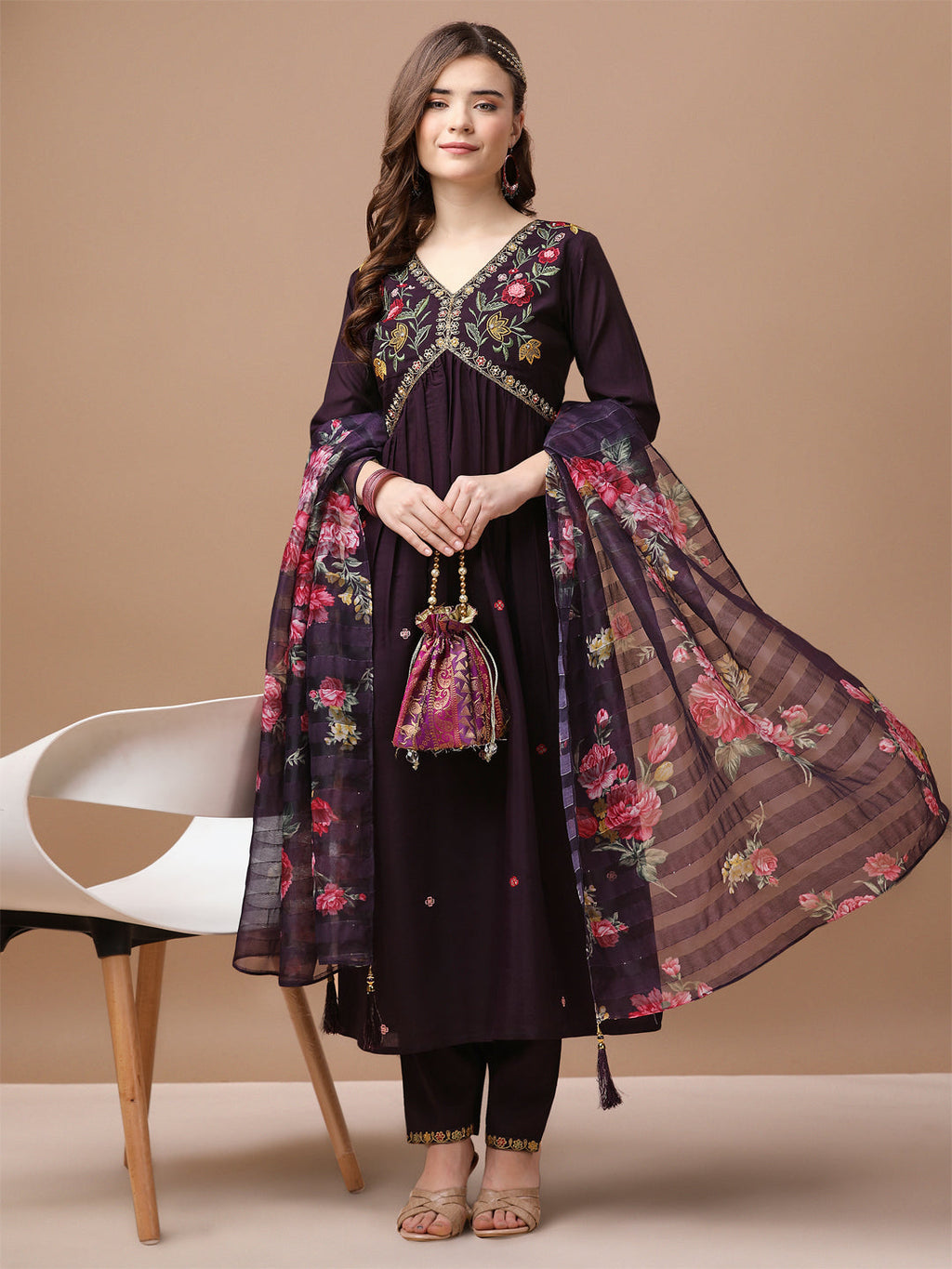 Alia Cut Hand Embroidered Kurta With Pant & Dupatta Premium, Multicolor - Hiral Fashion | Grocsy