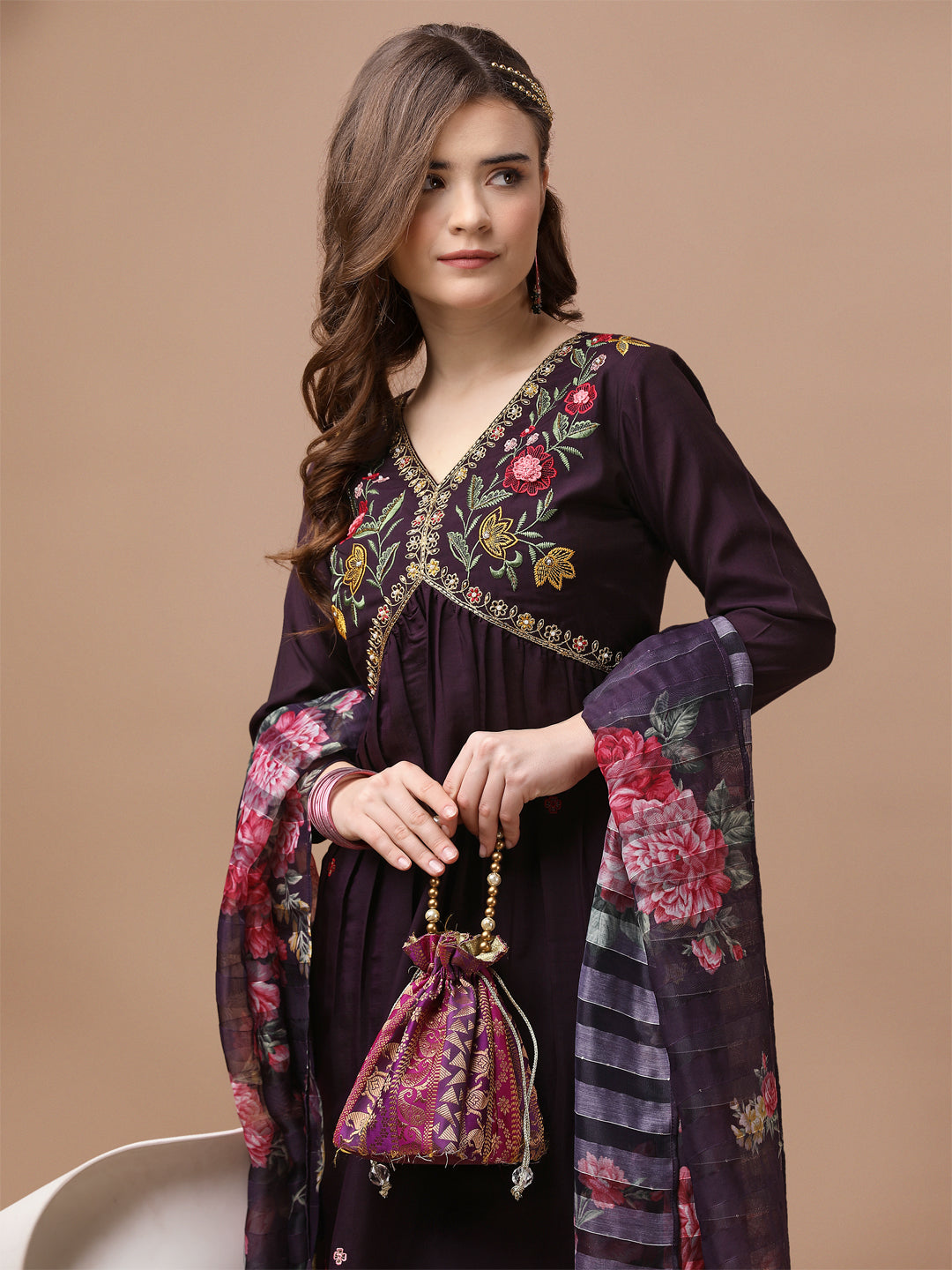 Alia Cut Hand Embroidered Kurta With Pant & Dupatta Premium, Multicolor - Hiral Fashion | Grocsy