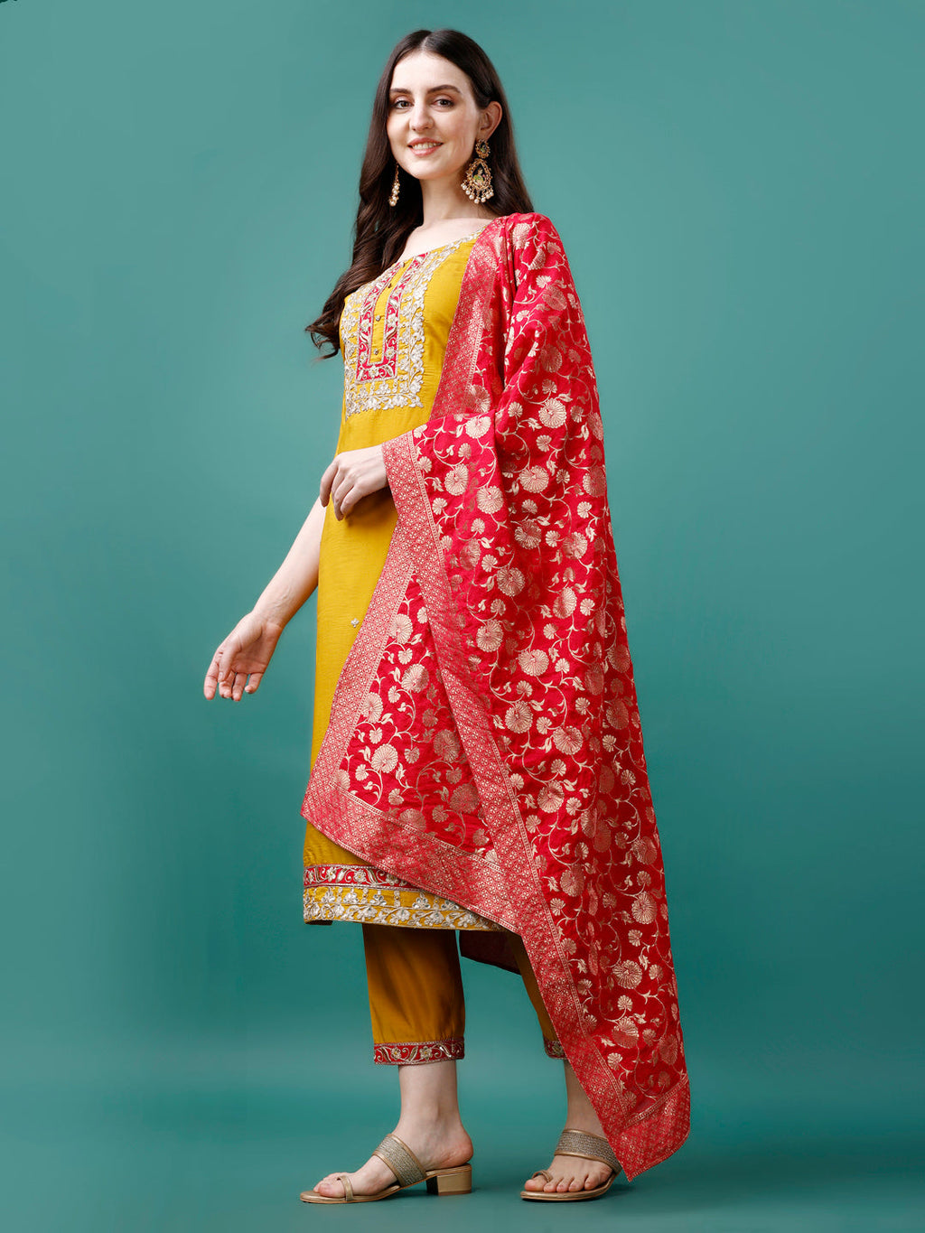 Embroidered Kurta With Pant & Banarasi Jacquard Dupatta Premium, Multicolor - Hiral Fashion | Grocsy