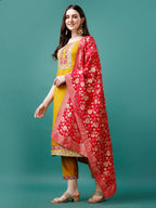 Embroidered Kurta With Pant & Banarasi Jacquard Dupatta Premium, Multicolor - Hiral Fashion | Grocsy