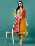 Embroidered Kurta With Pant & Banarasi Jacquard Dupatta Premium, Multicolor - Hiral Fashion | Grocsy