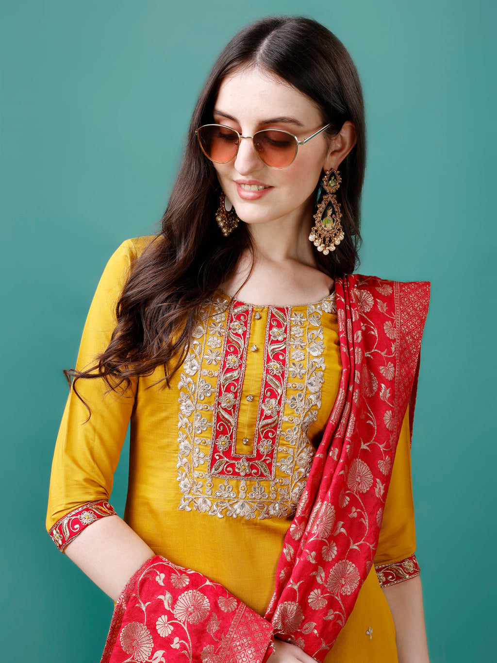 Embroidered Kurta With Pant & Banarasi Jacquard Dupatta Premium, Multicolor - Hiral Fashion | Grocsy
