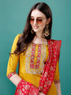 Embroidered Kurta With Pant & Banarasi Jacquard Dupatta Premium, Multicolor - Hiral Fashion | Grocsy