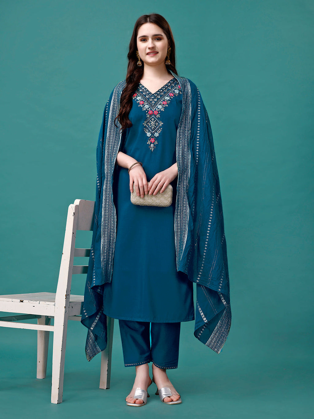 Hand Embroidered Kurta With Pant & Dupatta Luxury, Multicolor - Hiral Fashion | Grocsy