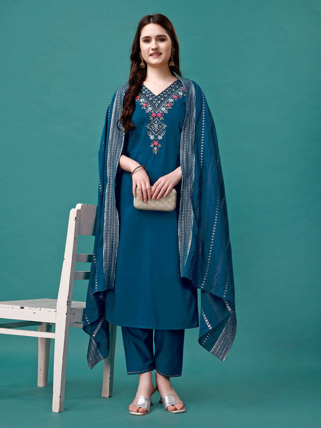 Hand Embroidered Kurta With Pant & Dupatta Luxury, Multicolor - Hiral Fashion | Grocsy
