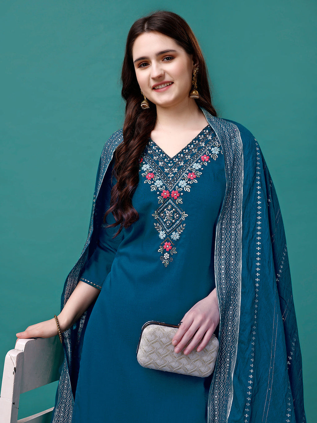 Hand Embroidered Kurta With Pant & Dupatta Luxury, Multicolor - Hiral Fashion | Grocsy