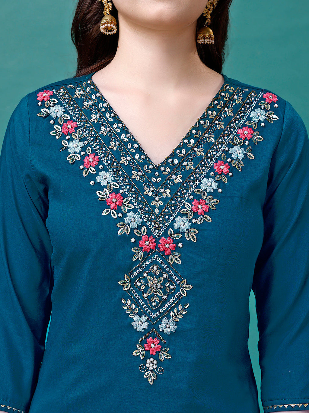 Hand Embroidered Kurta With Pant & Dupatta Luxury, Multicolor - Hiral Fashion | Grocsy