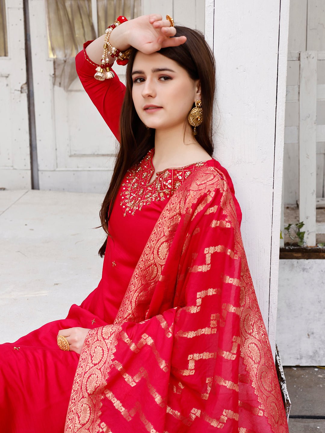 Hand Embroidered Rani Kurta With Pant & Banarasi Jacquard Dupatta Premium, Multicolor - Hiral Fashion | Grocsy