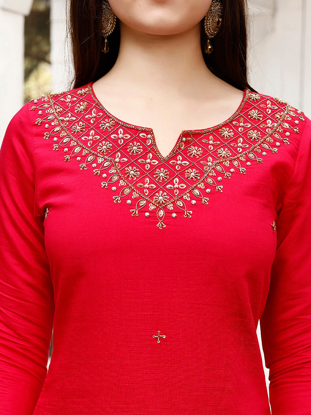 Hand Embroidered Rani Kurta With Pant & Banarasi Jacquard Dupatta Premium, Multicolor - Hiral Fashion | Grocsy