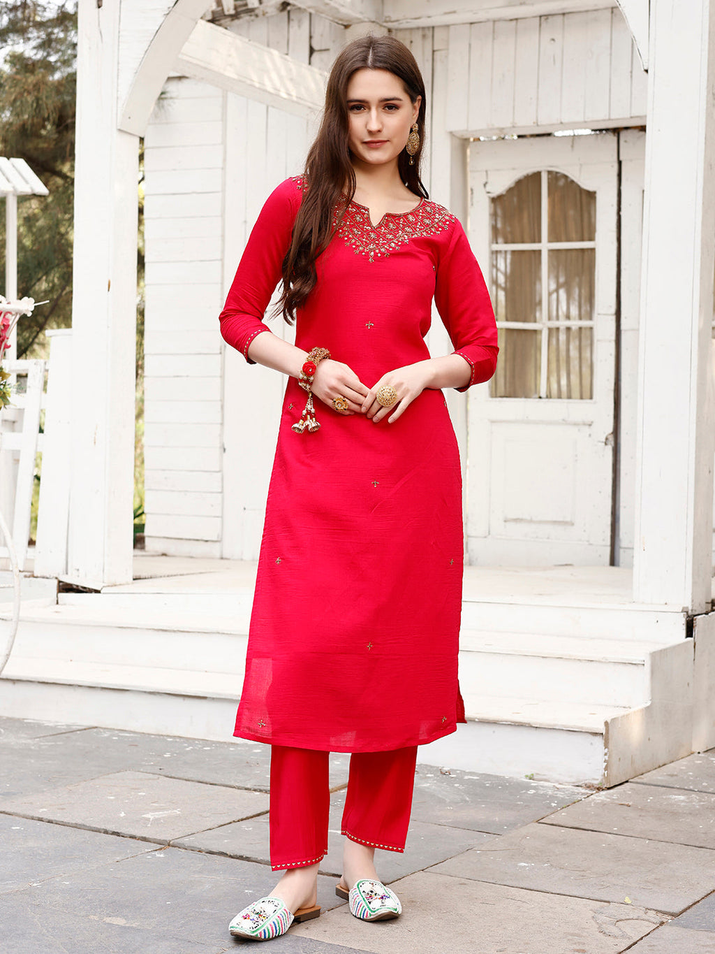 Hand Embroidered Rani Kurta With Pant & Banarasi Jacquard Dupatta Premium, Multicolor - Hiral Fashion | Grocsy