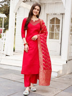 Hand Embroidered Rani Kurta With Pant & Banarasi Jacquard Dupatta Premium, Multicolor - Hiral Fashion | Grocsy