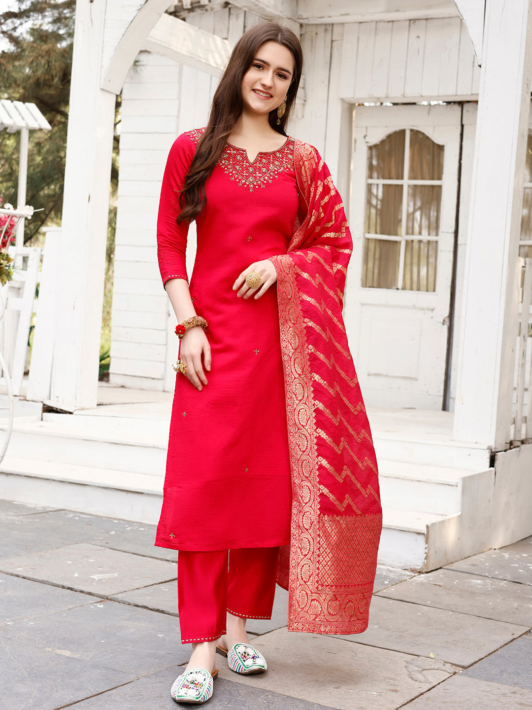 Hand Embroidered Rani Kurta With Pant & Banarasi Jacquard Dupatta Premium, Multicolor - Hiral Fashion | Grocsy