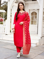 Hand Embroidered Rani Kurta With Pant & Banarasi Jacquard Dupatta Premium, Multicolor - Hiral Fashion | Grocsy