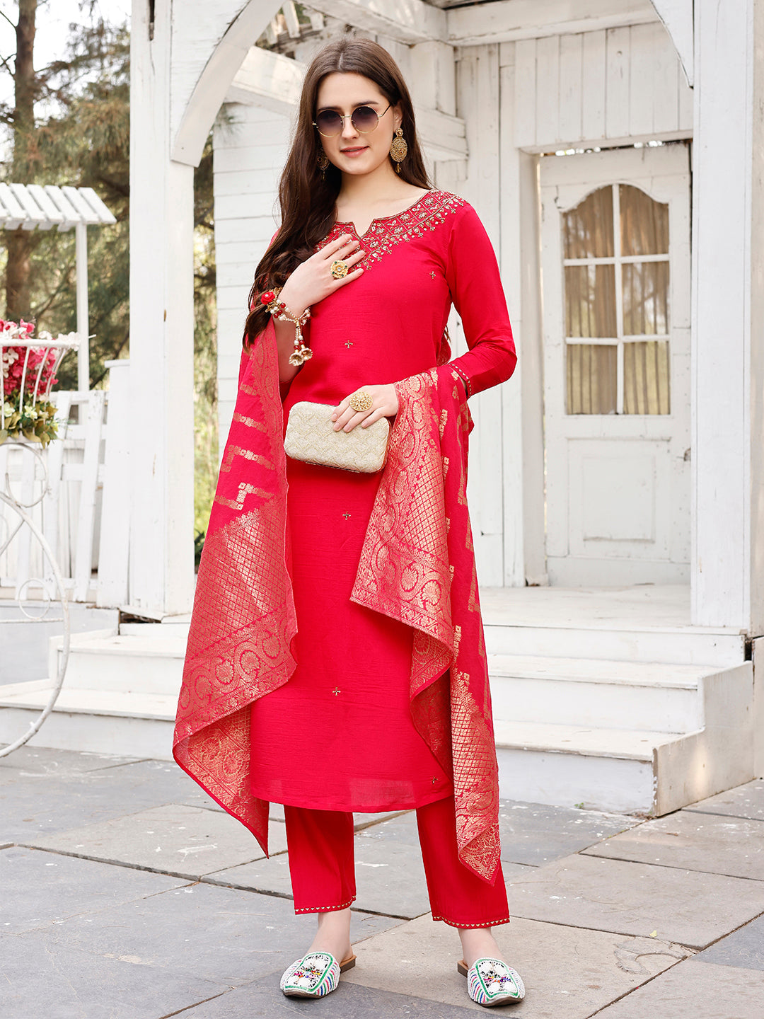 Hand Embroidered Rani Kurta With Pant & Banarasi Jacquard Dupatta Premium, Multicolor - Hiral Fashion | Grocsy