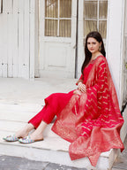 Hand Embroidered Rani Kurta With Pant & Banarasi Jacquard Dupatta Premium, Multicolor - Hiral Fashion | Grocsy