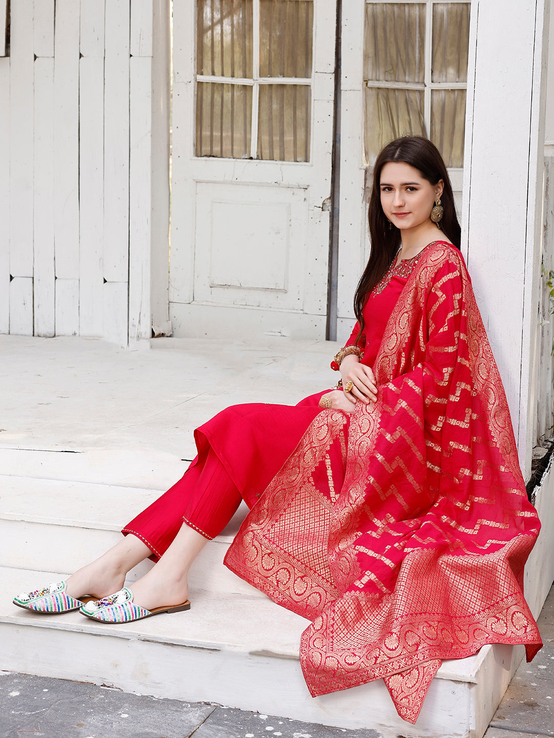 Hand Embroidered Rani Kurta With Pant & Banarasi Jacquard Dupatta Premium, Multicolor - Hiral Fashion | Grocsy