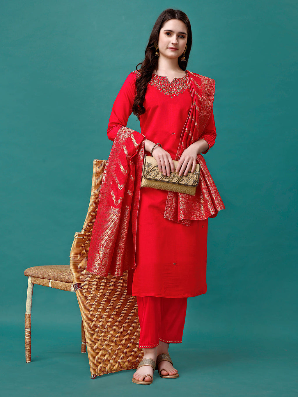 Hand Embroidered Kurta With Pant & Banarasi Jacquard Dupatta Premium, Multicolor - Hiral Fashion | Grocsy