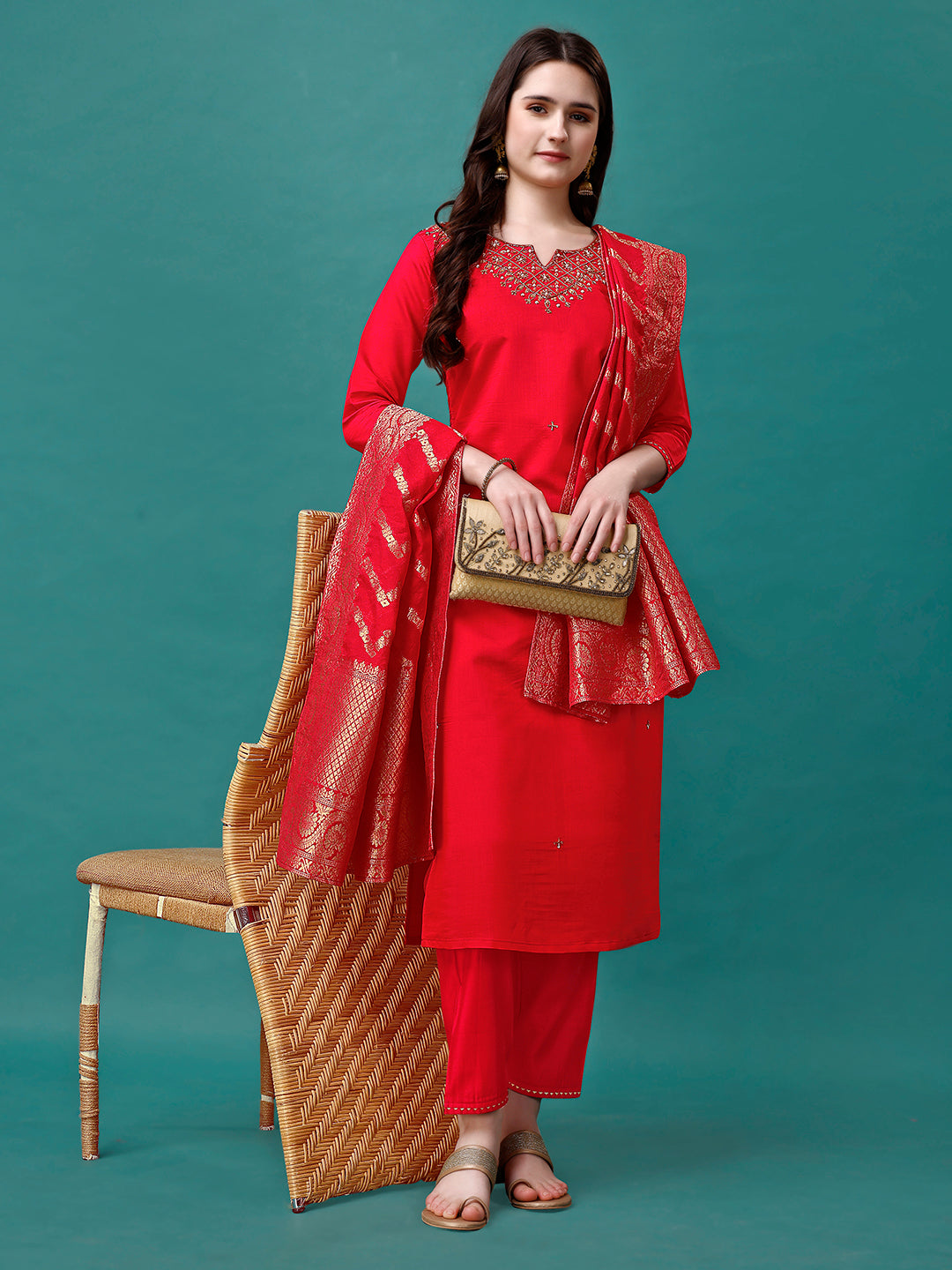 Hand Embroidered Kurta With Pant & Banarasi Jacquard Dupatta Premium, Multicolor - Hiral Fashion | Grocsy