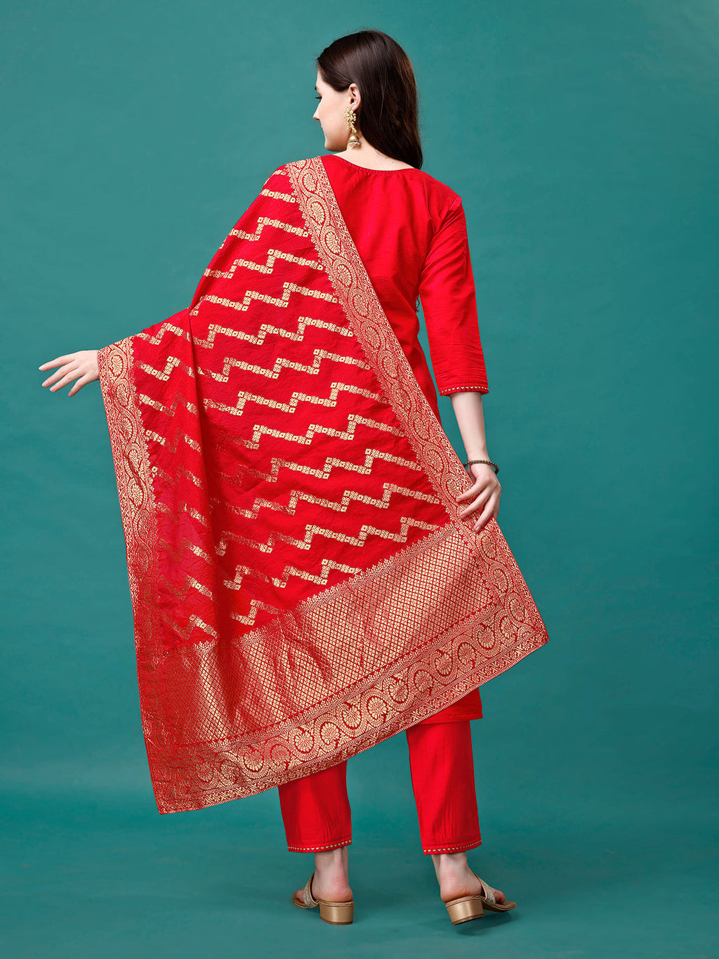 Hand Embroidered Kurta With Pant & Banarasi Jacquard Dupatta Premium, Multicolor - Hiral Fashion | Grocsy