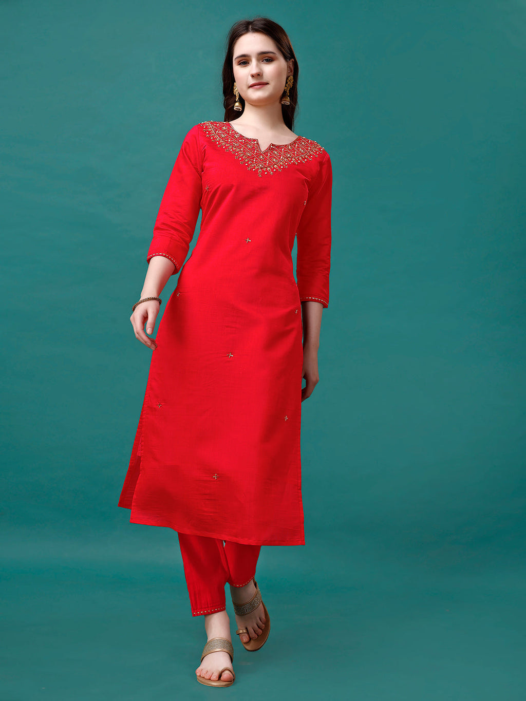 Hand Embroidered Kurta With Pant & Banarasi Jacquard Dupatta Premium, Multicolor - Hiral Fashion | Grocsy