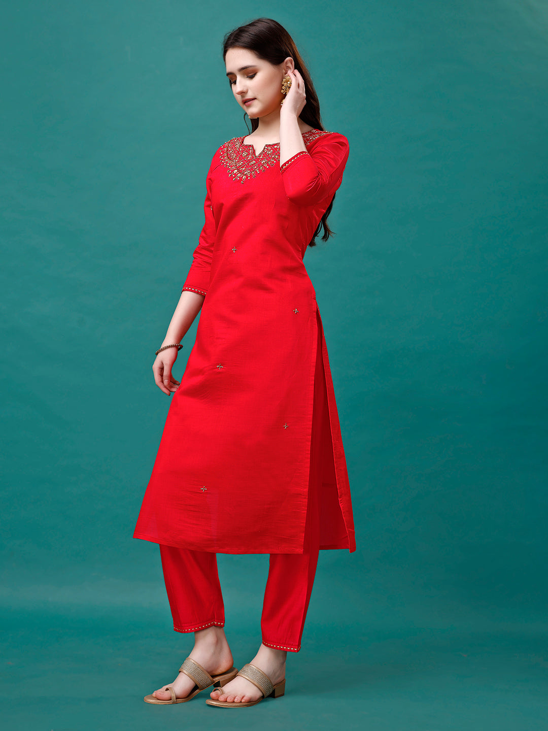 Hand Embroidered Kurta With Pant & Banarasi Jacquard Dupatta Premium, Multicolor - Hiral Fashion | Grocsy