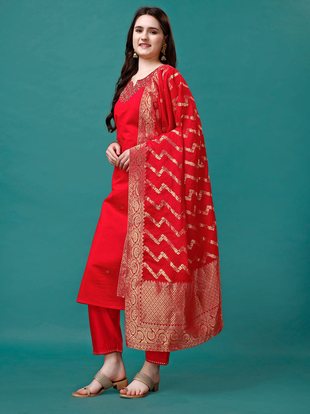 Hand Embroidered Kurta With Pant & Banarasi Jacquard Dupatta Premium, Multicolor - Hiral Fashion | Grocsy