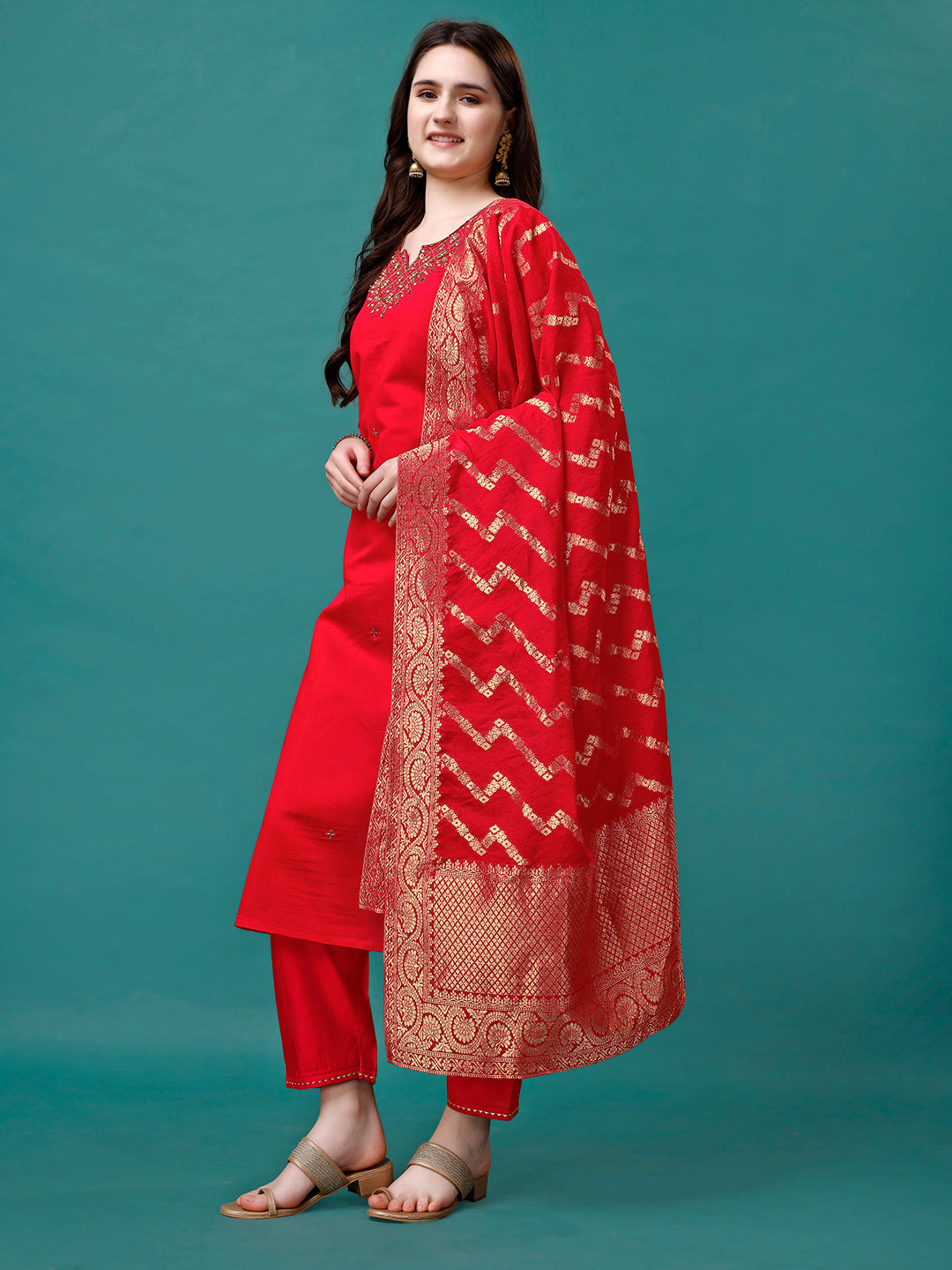Hand Embroidered Kurta With Pant & Banarasi Jacquard Dupatta Premium, Multicolor - Hiral Fashion | Grocsy