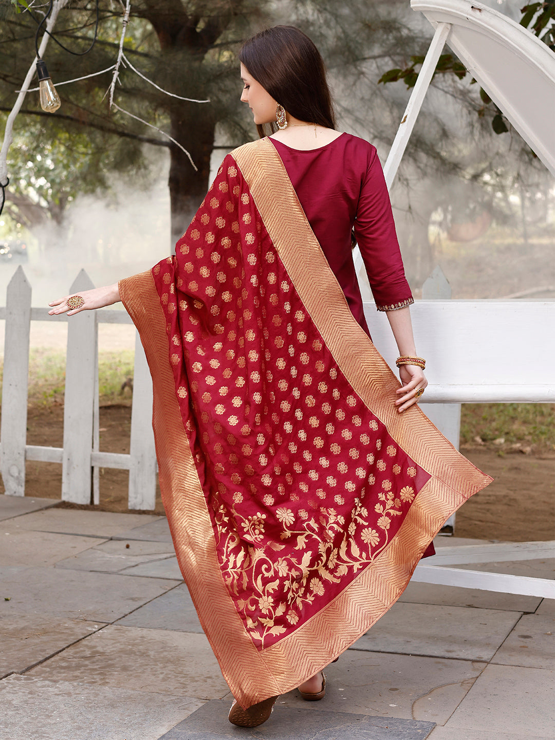 Hand Embroidered Kurta With Pant & Banarasi Jacquard Dupatta, Multicolor - Hiral Fashion | Grocsy