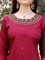 Hand Embroidered Kurta With Pant & Banarasi Jacquard Dupatta, Multicolor - Hiral Fashion | Grocsy