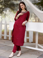 Hand Embroidered Kurta With Pant & Banarasi Jacquard Dupatta, Multicolor - Hiral Fashion | Grocsy