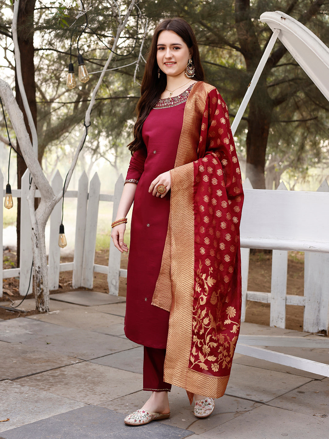 Hand Embroidered Kurta With Pant & Banarasi Jacquard Dupatta, Multicolor - Hiral Fashion | Grocsy