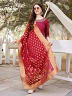 Hand Embroidered Kurta With Pant & Banarasi Jacquard Dupatta, Multicolor - Hiral Fashion | Grocsy