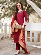 Hand Embroidered Kurta With Pant & Banarasi Jacquard Dupatta, Multicolor - Hiral Fashion | Grocsy