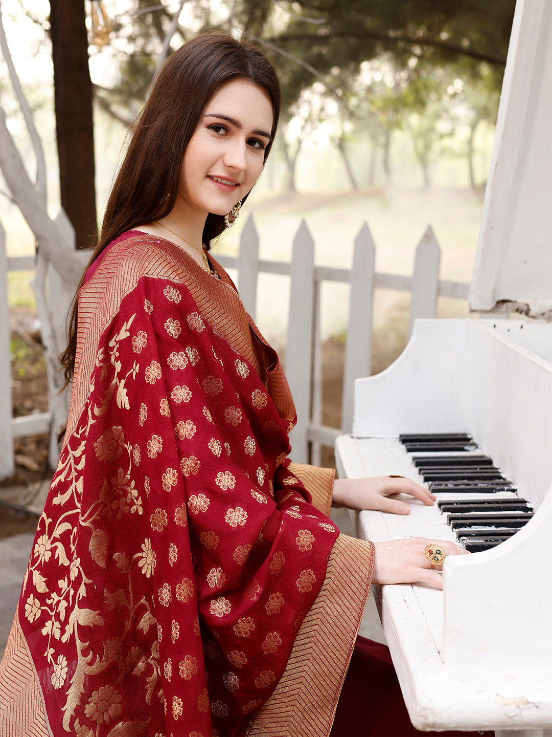 Hand Embroidered Kurta With Pant & Banarasi Jacquard Dupatta, Multicolor - Hiral Fashion | Grocsy