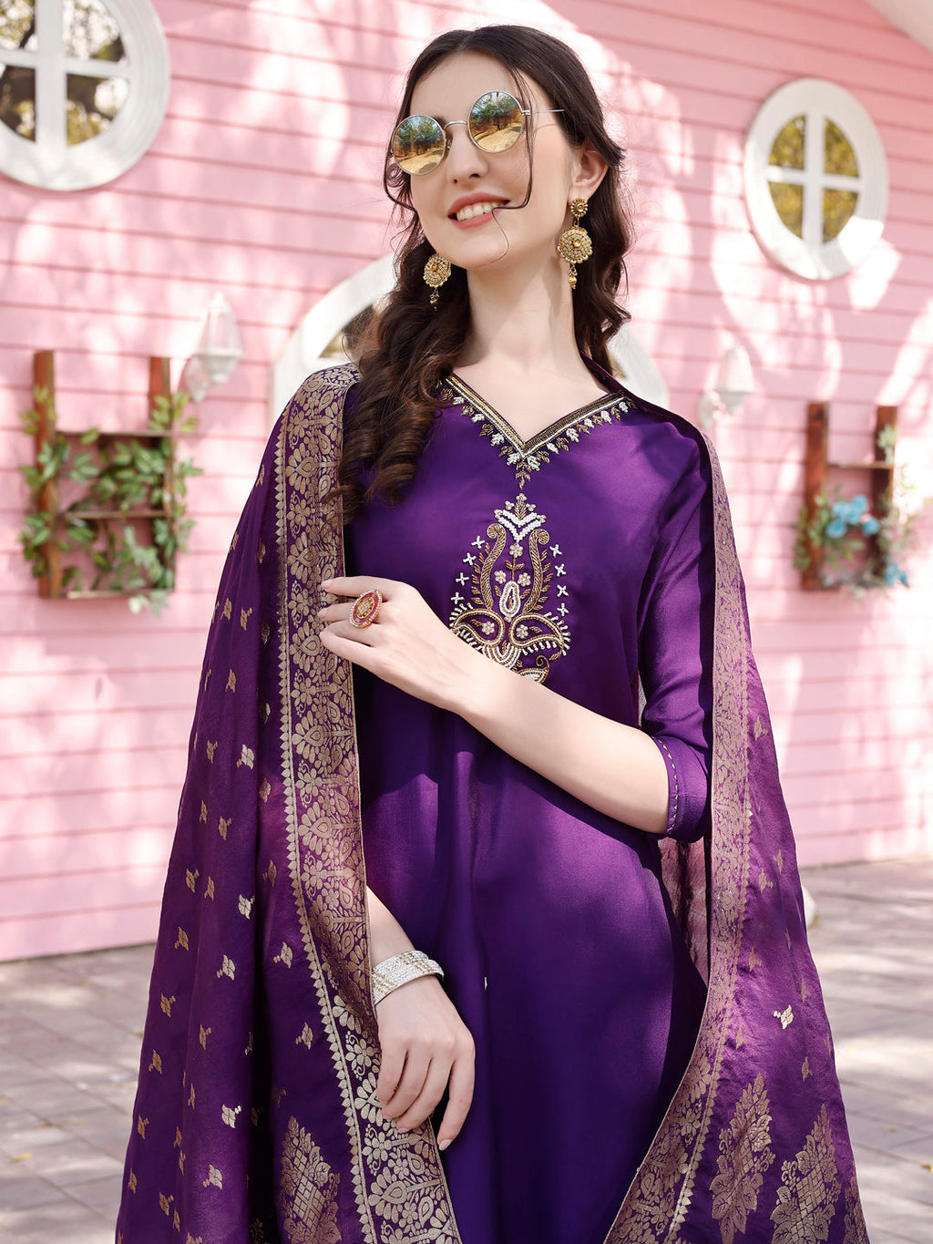 Hand Embroidered Purple Kurta With Pant & Banarasi Jacquard Dupatta Premium, Multicolor - Hiral Fashion | Grocsy