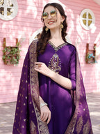 Hand Embroidered Purple Kurta With Pant & Banarasi Jacquard Dupatta Premium, Multicolor - Hiral Fashion | Grocsy