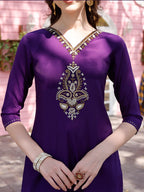 Hand Embroidered Purple Kurta With Pant & Banarasi Jacquard Dupatta Premium, Multicolor - Hiral Fashion | Grocsy