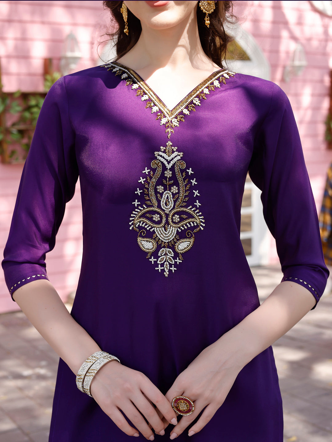 Hand Embroidered Purple Kurta With Pant & Banarasi Jacquard Dupatta Premium, Multicolor - Hiral Fashion | Grocsy