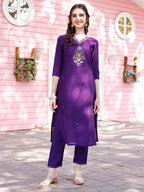 Hand Embroidered Purple Kurta With Pant & Banarasi Jacquard Dupatta Premium, Multicolor - Hiral Fashion | Grocsy