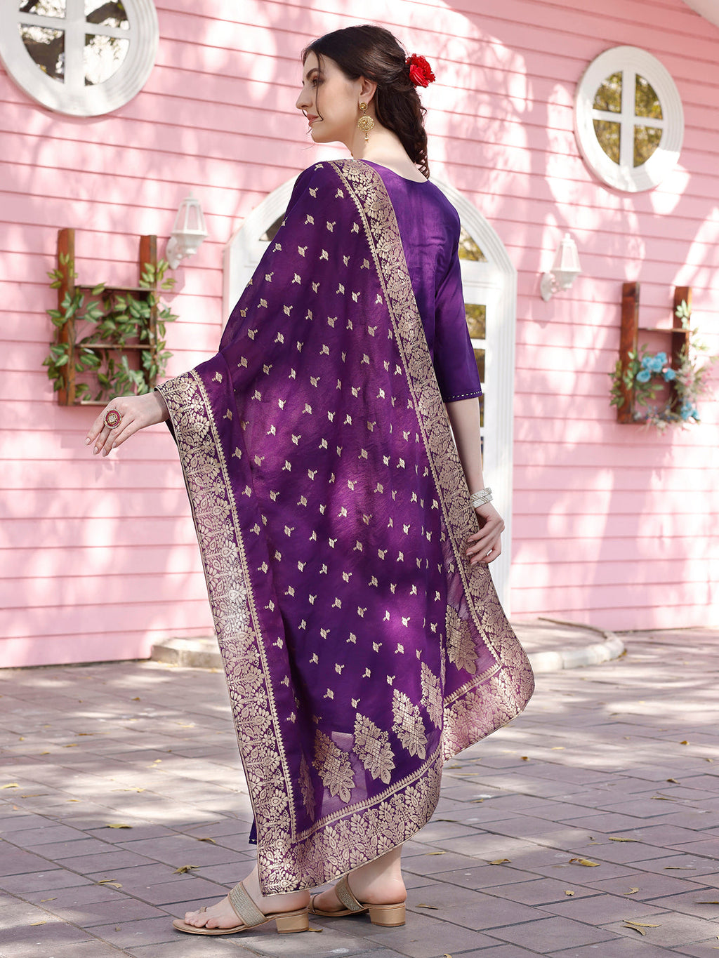 Hand Embroidered Purple Kurta With Pant & Banarasi Jacquard Dupatta Premium, Multicolor - Hiral Fashion | Grocsy