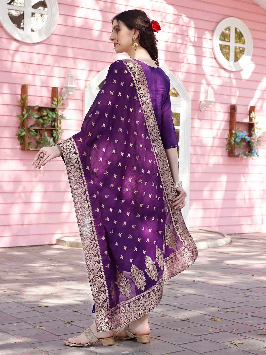 Hand Embroidered Purple Kurta With Pant & Banarasi Jacquard Dupatta Premium, Multicolor - Hiral Fashion | Grocsy