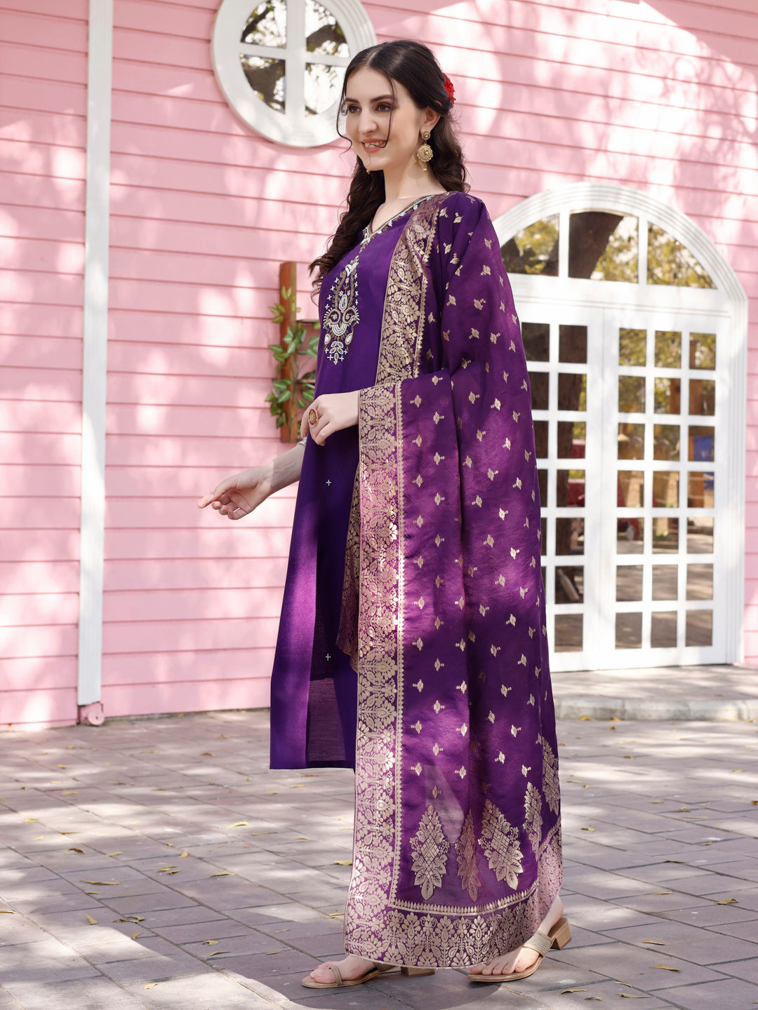 Hand Embroidered Purple Kurta With Pant & Banarasi Jacquard Dupatta Premium, Multicolor - Hiral Fashion | Grocsy